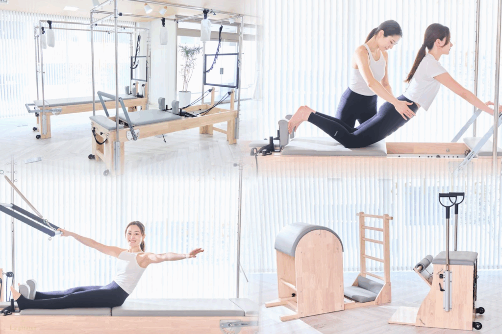 La pilatesの内装とマシンピラティスをする女性