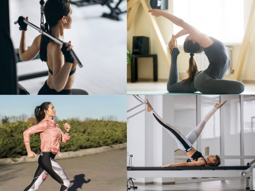 筋トレ・ヨガ・ランニング・マシンピラティスをしている様子