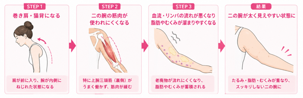巻き肩や猫背が原因で二の腕が太くなるメカニズムを示した図解イラスト